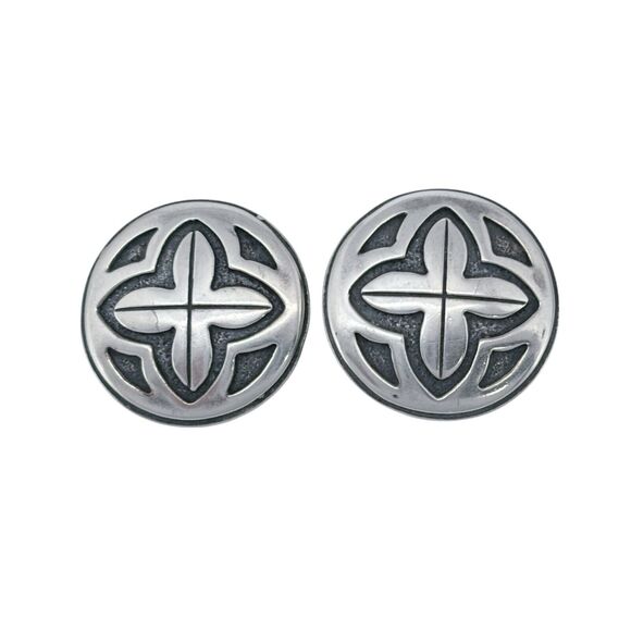 Cross Pattern Button Clip On Earrings | Vintage Sterling Silver 925 - Picture 2 of 5